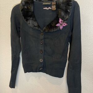 DKNY Black Sweater with Faux Fur Collar xsmall Y2K